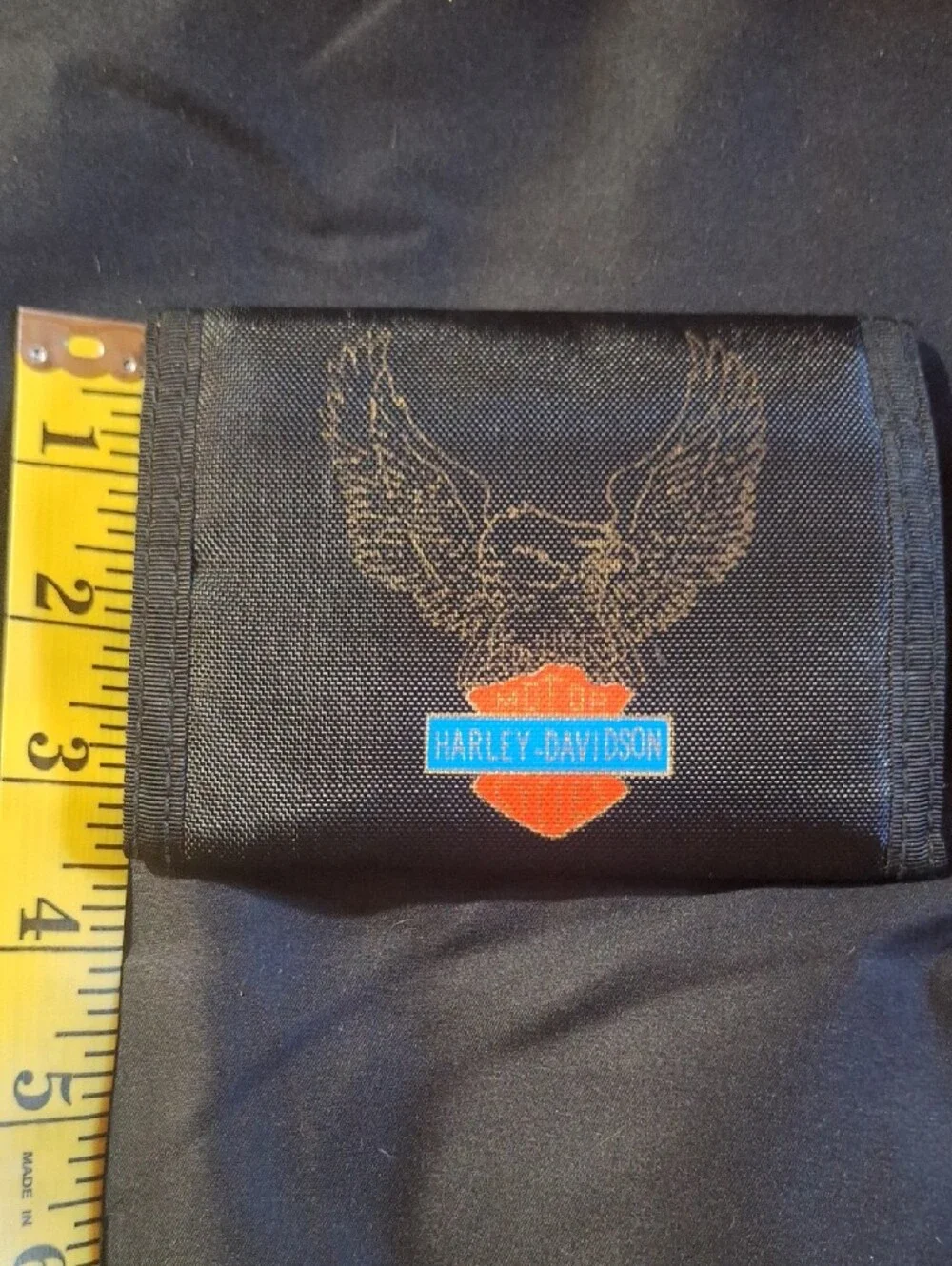 Harley-Davidson Black Trifold Velcro Wallet with Orange Shield and Blue Logo